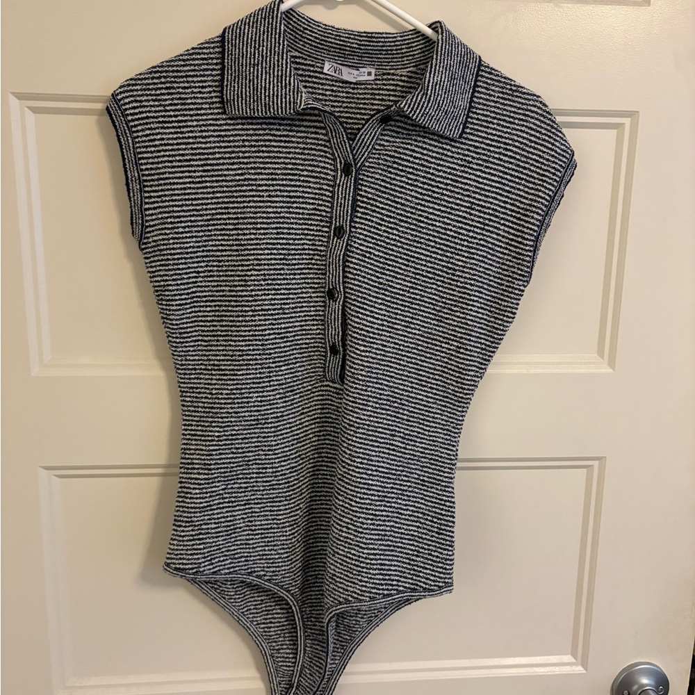 Zara RIBBED BODYSUIT STRIPED (Navy and White)
